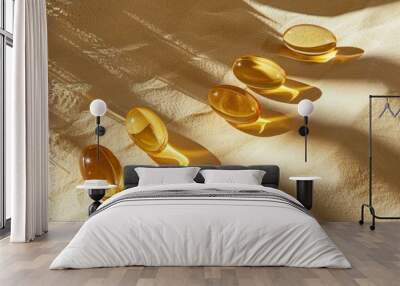 golden capsules, vitamins, healthy lifestyle, sunlight, minimalistic style, reflections Wall mural