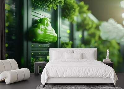 green cloud technology, data storage, environmentally friendly servers with plants, bright background, modern concept of eco friendly digital solutions, focus on sustainability and innovation Wall mural