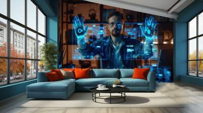 holographic interface, technology, future, workstation, digital display, data visualization, programmer, creative workspace A focused man working with a virtual screen in a dimly lit environment, sh Wall mural