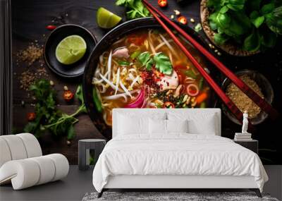 hot soup ramen food japanese vegetable meal bowl background noodle asian. Generative AI. Wall mural