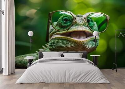 iguana green animal lizard reptile scale wildlife close-up glasses portrait. Generative AI. Wall mural