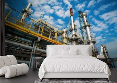 Industrial oil refinery with pipes and blue sky background for business and environmental concepts Wall mural