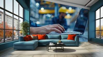 industrial worker typing on laptop, warehouse setting with shelves in background, safety helmet, focused environment for logistics and management tasks, efficiency concept Wall mural