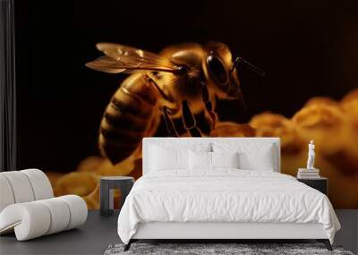 macro insect nature honey background closeup yellow gold summer pollen bee. Generative AI. Wall mural