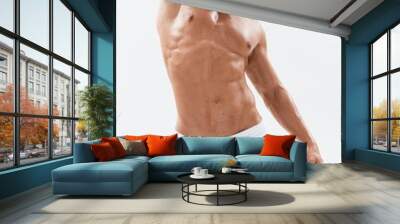 Man athletic body bodybuilder in briefs with naked torso abs full-length in the background, fitness classes. Advertising, sports, active lifestyle, competition, challenge concept. Wall mural