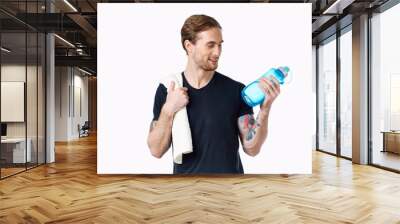 man in a black t-shirt with a bottle of water in his hand and a towel on his shoulder cropped view Copy Space Wall mural