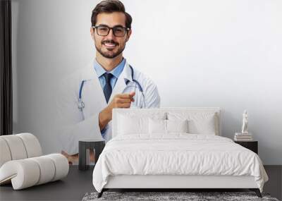 Man portrait of a doctor wearing a white coat and eyeglasses and a stethoscope looking into the camera on a white isolated background, copy space, space for text, health Wall mural