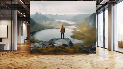 man yellow mountain cape tour lake tourism nature travel back hiking water. Generative AI. Wall mural