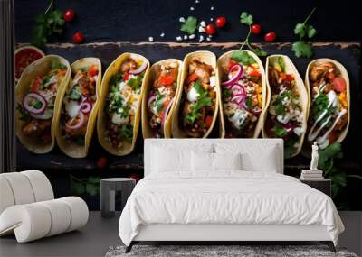 mexican taco pepper fresh tomato food meal vegetable sauce chili. Generative AI. Wall mural