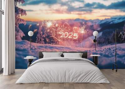 New Year celebration with fireworks in winter landscape at sunset, snowy ground and mountains in the background line glowing It conveys joy and anticipation for the new year Wall mural