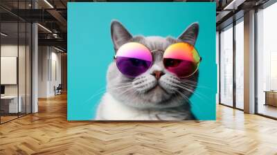 pet funny sunglasses animal colourful neon cute cat fashion portrait. Generative AI. Wall mural