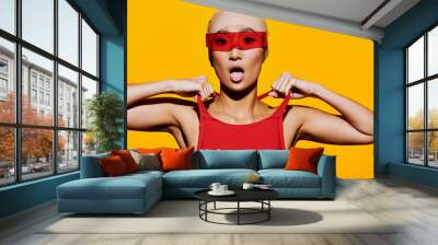 Portrait woman asian beauty body smiling red yellow sunglasses emotion goggles fashion joyful young Wall mural