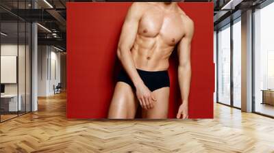 pretty male athlete with pumped up torso in black shorts cropped view fitness lifestyle Wall mural