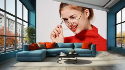 pretty woman with glasses posing Studio fun model Wall mural