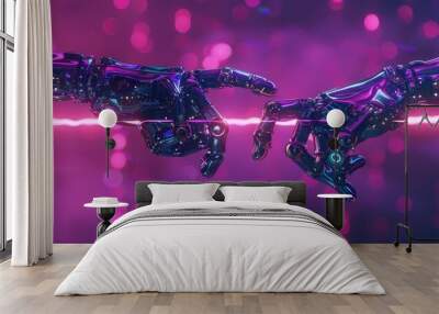 Robotic hands touching each other in front of pink and purple light background Wall mural