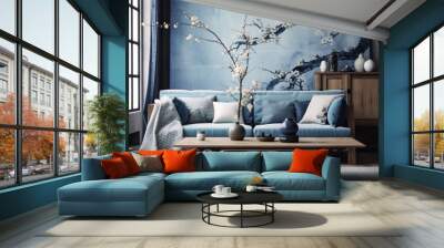 room wall simple home blue design sofa apartment modern furniture interior. Generative AI. Wall mural