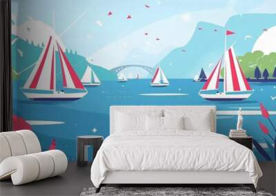 Sailing boats on a serene blue lake, with red and white sails against a bright sky, surrounded by green hills and gentle waves, creating a tranquil summer atmosphere Wall mural