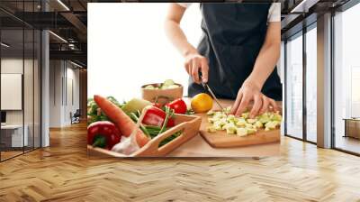 slicing fresh vegetables ingredients for salad healthy food in the kitchen Wall mural