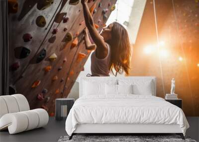 Strong, young woman climbing high indoor rock wall, challenging her strength and grip. Adrenaline and determination in her eyes as she maneuvers through an artificial boulder, an active leisure Wall mural