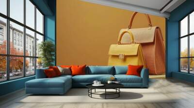 Stylish handbags stack on beige background for fashion and beauty concept Wall mural