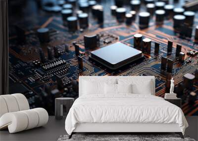 Technology processor semiconductor hardware board microchip electronic computer motherboard component circuit Wall mural