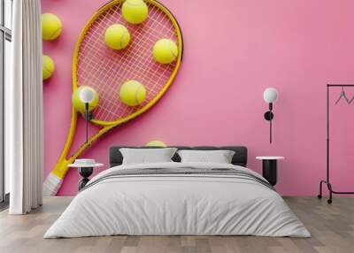 tennis racket, tennis balls, vibrant colors, sports equipment, pink background A bright yellow tennis racket rests on a playful pink surface surrounded by scattered yellow tennis balls, creating a l Wall mural