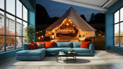 tent nature travel glamping vacation canvas light camping forest luxury. Generative AI. Wall mural