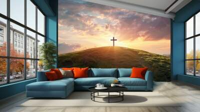 The magnificent sunset view of the sacred cross on top of the hill representing faith and travel Wall mural