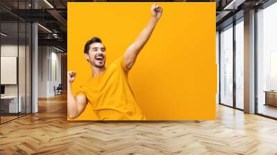 Trendy man background smiling laughing space style portrait lifestyle gesture fashion copy studio Wall mural