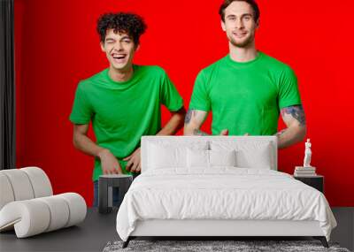 two friends green t-shirts fashion casual clothing studio Wall mural