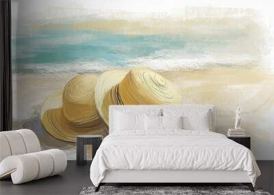 Two straw hats resting on the sandy beach against the backdrop of the beautiful ocean landscape Wall mural