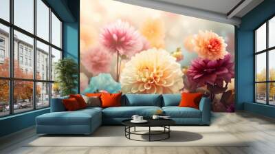 valentine design color beautiful flower blossom spring background peonies watercolor pastel. Generative AI. Wall mural