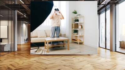 Virtual reality gaming in a modern living room, featuring a person using VR headset, light color scheme, minimalist design, bright natural light coming through windows Wall mural