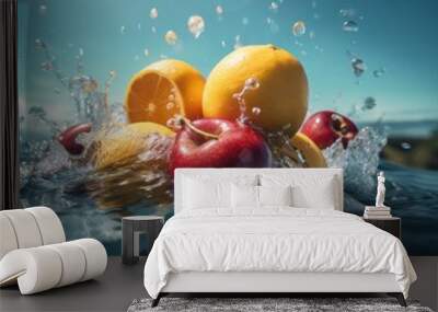 vitamin background red water fresh fruit food green healthy drop strawberry. Generative AI. Wall mural