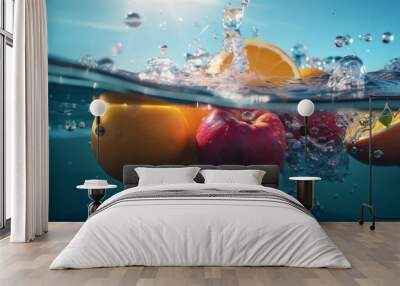 water healthy background strawberry natural fresh green vitamin fruit food drop. Generative AI. Wall mural