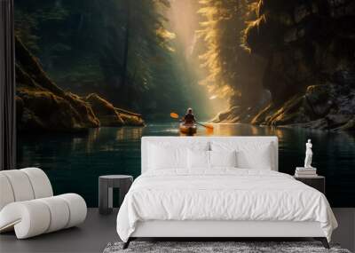 water lake person travel nature outdoors river landscape boat scenic. Generative AI. Wall mural