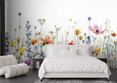 Watercolor painting depicting a colorful field of wildflowers in bloom on a sunny day Wall mural