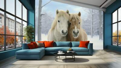 White animal nature horses winter brown mammal mane snow cold Wall mural