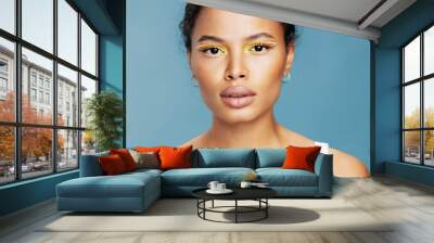 Woman african fashion skin beauty smile hair blue lifestyle american happiness face portrait curly Wall mural