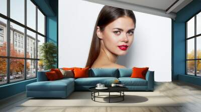 Woman portrait Smiling naked shoulders red lips model natural look  Wall mural