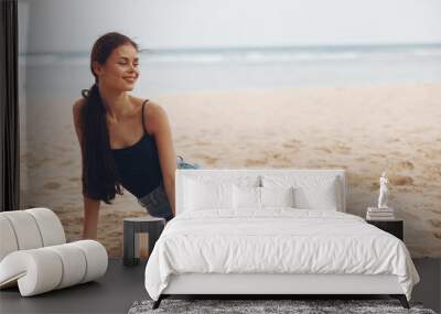 woman sand person nature sea vacation beach sitting freedom travel smile Wall mural