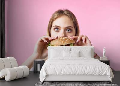 woman with hamburger Wall mural