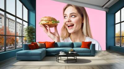 woman with hamburger Wall mural