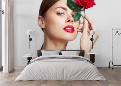 Woman with rose Red lips charm cute face  Wall mural