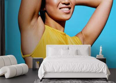 Yellow woman trendy portrait beauty fashion smile blue Wall mural