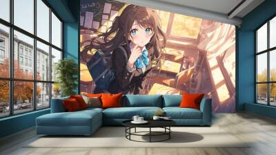 Blue-eyed school uniform girl in classroom Japanese anime style Wall mural