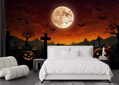 Halloween pumpkins in the forest at night. dry tree at full moon night. Ai Generative Wall mural