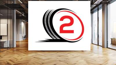 Letter 2 monogram alphabet With a Sport Car Automotive Car Repair Logo Design Concept With Transport Tire Icon Vector Template. Wall mural