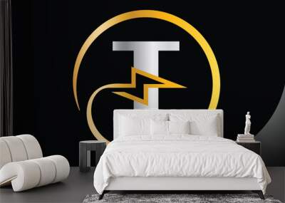 Letter T with lighting thunder bolt Logo Design Vector Template. Wall mural