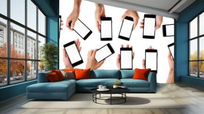 Collage of Human hand holding blank mobile smart phone isolated Wall mural